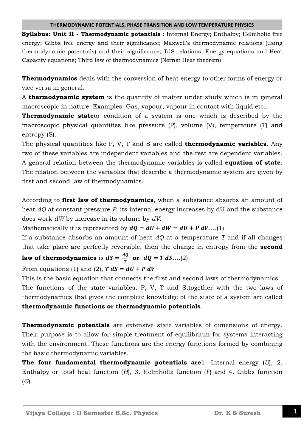 Thermodynamic Potentials