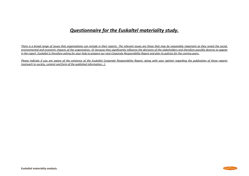 Questionnaire for the Euskaltel Materiality Study