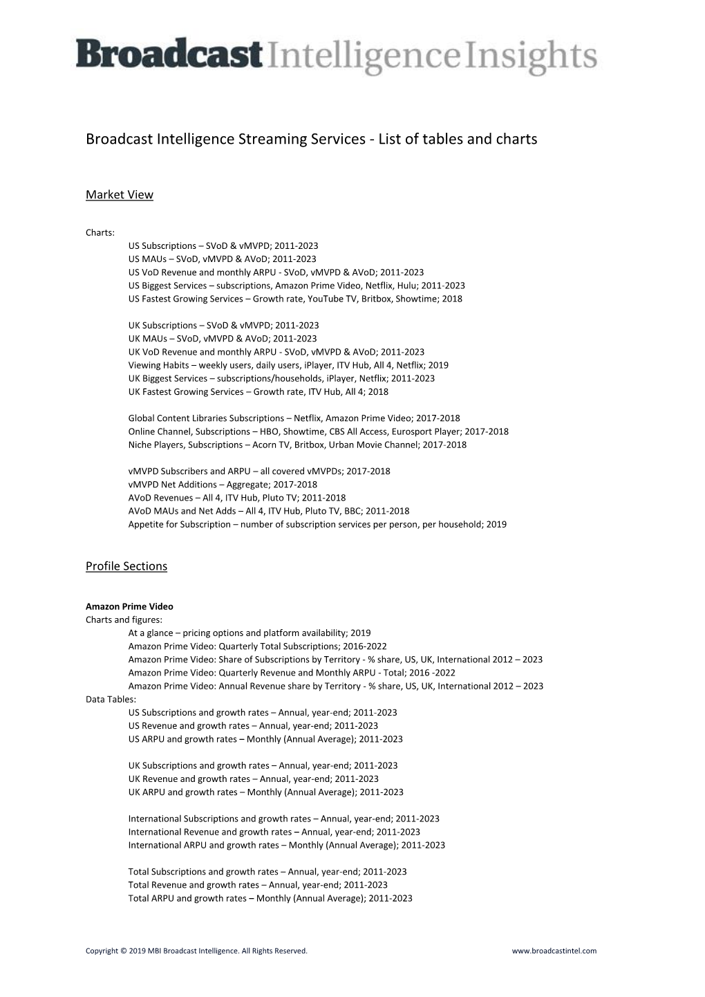 Broadcast Intelligence Streaming Services - List of Tables and Charts