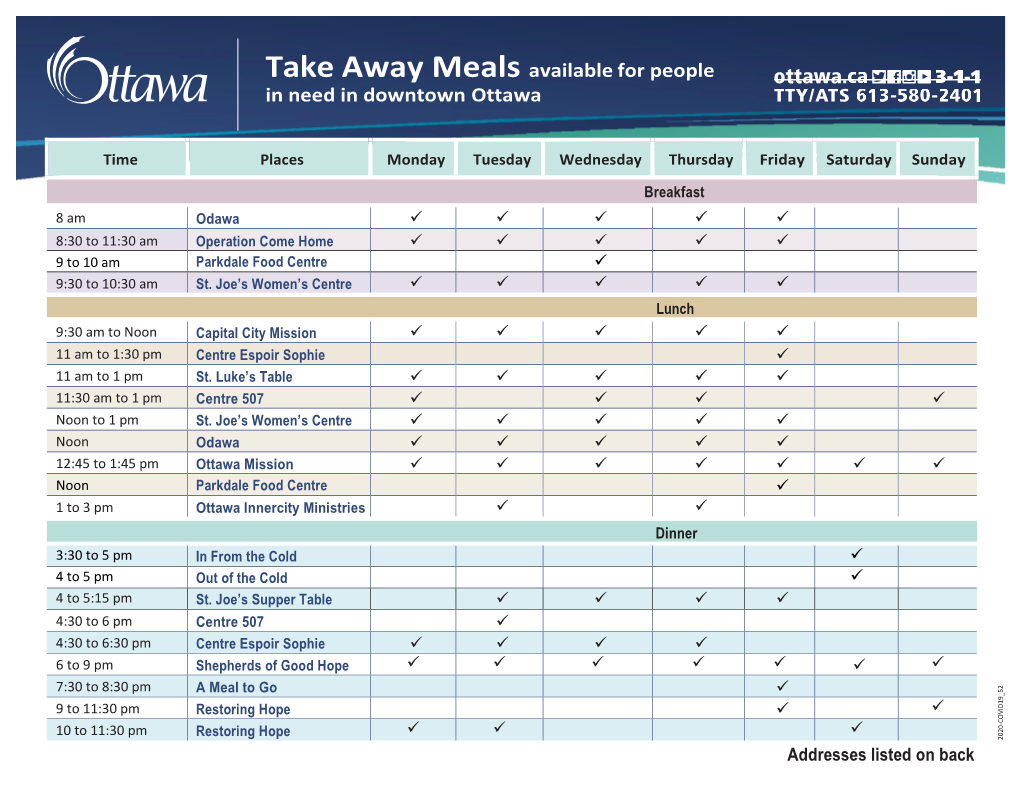Weekly Take-Away Meal Schedule