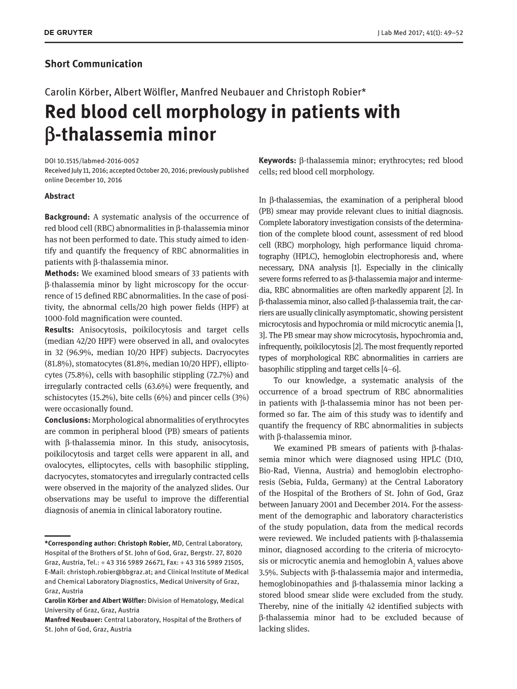 Red Blood Cell Morphology in Patients with Β-Thalassemia Minor