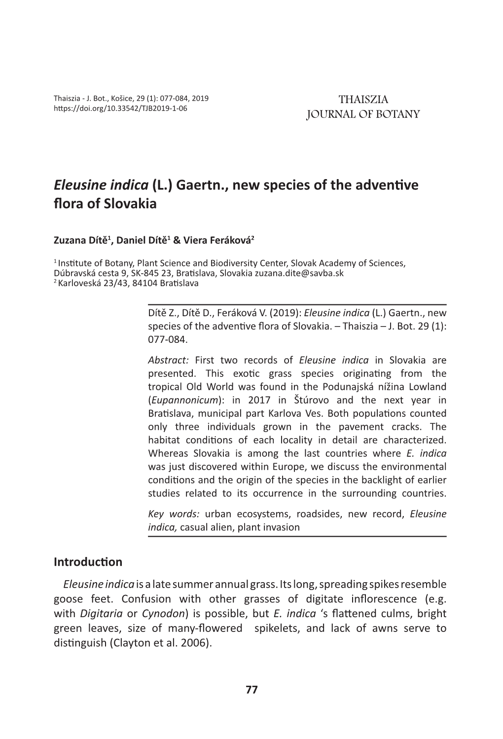Eleusine Indica (L.) Gaertn., New Species of the Adventive Flora of Slovakia