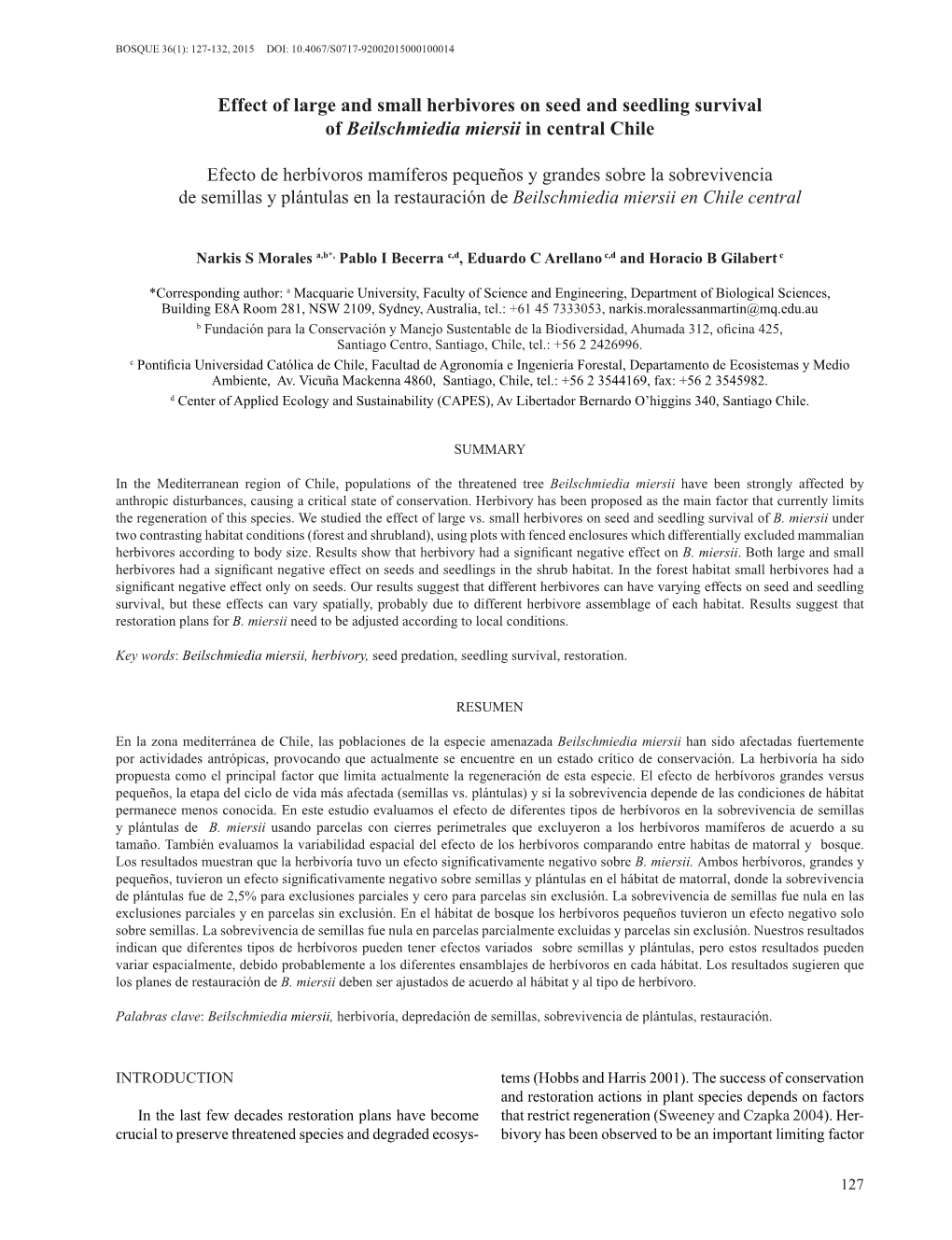 Effect of Large and Small Herbivores on Seed and Seedling Survival of Beilschmiedia Miersii in Central Chile