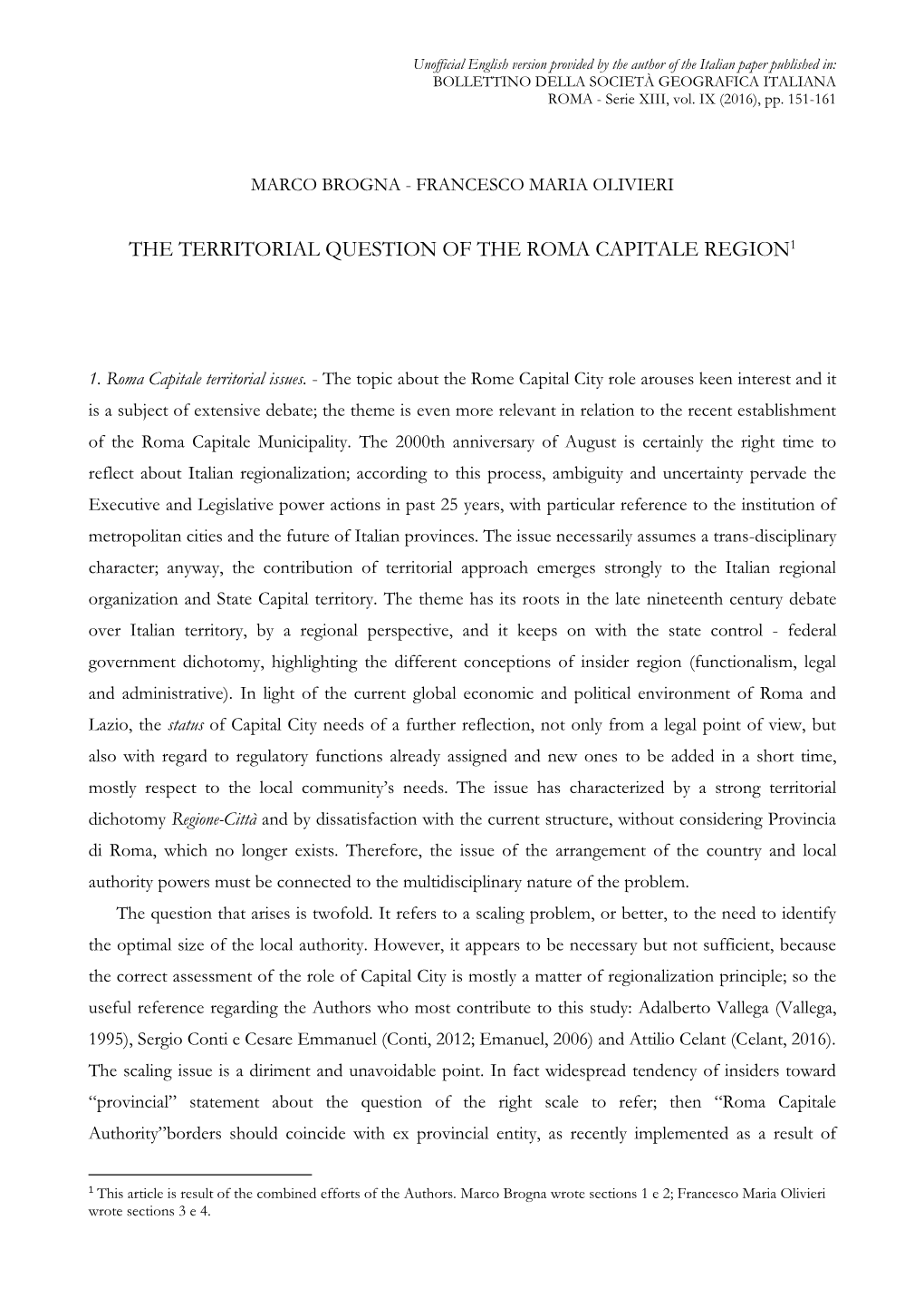 The Territorial Question of the Roma Capitale Region1