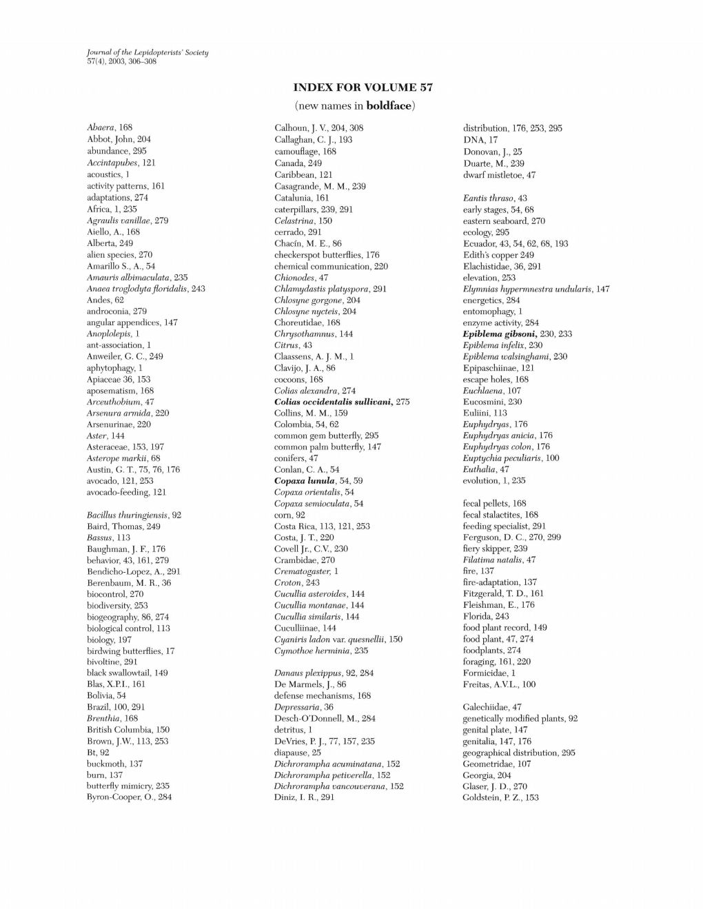 INDEX for VOLUME 57 (New Names in Boldface)