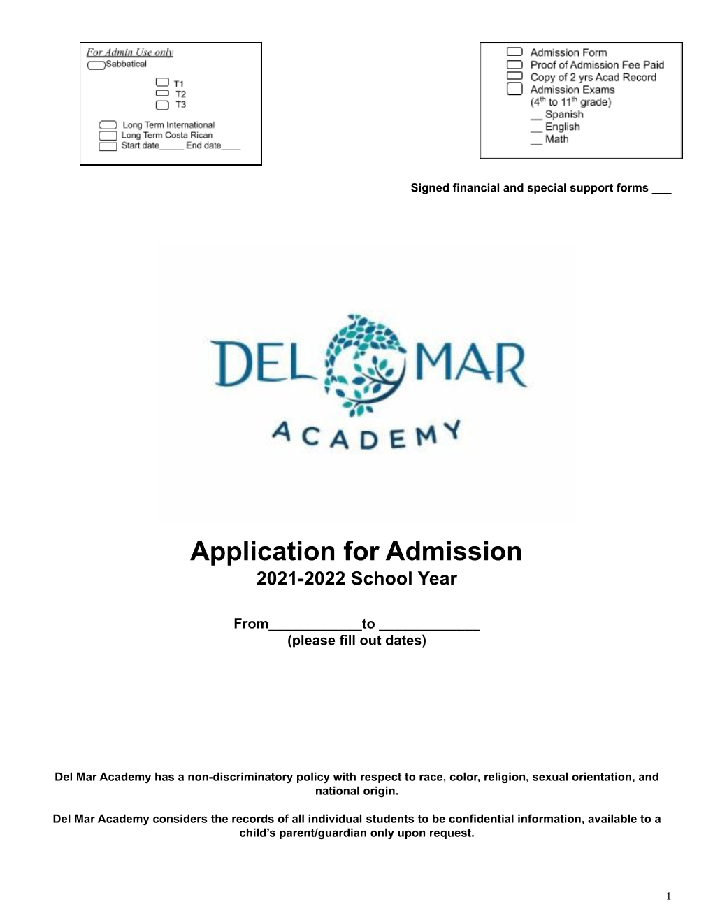 Application for Admission 2021-2022 School Year