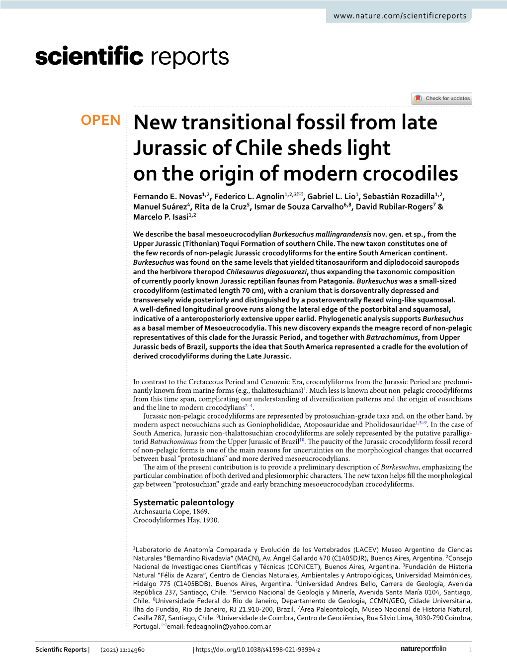 New Transitional Fossil from Late Jurassic of Chile Sheds Light on the Origin of Modern Crocodiles Fernando E