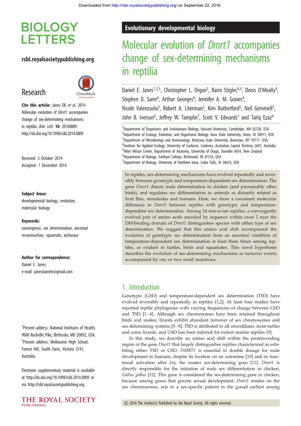 Molecular Evolution of Dmrt1 Accompanies Change of Sex-Determining Mechanisms in Reptilia