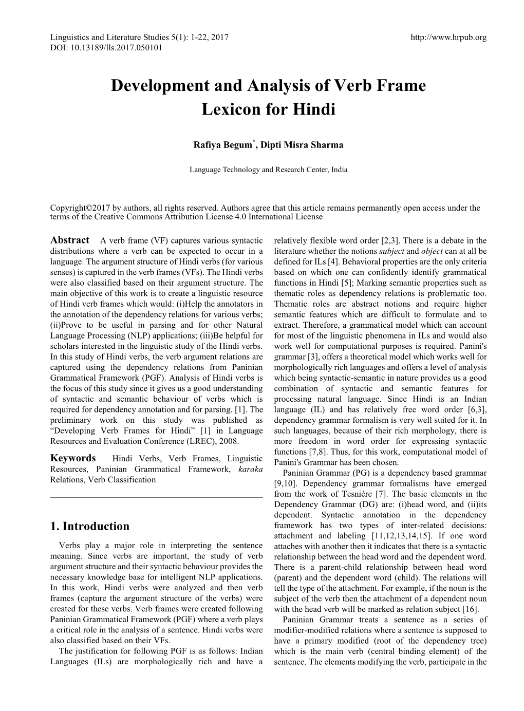 Development and Analysis of Verb Frame Lexicon for Hindi