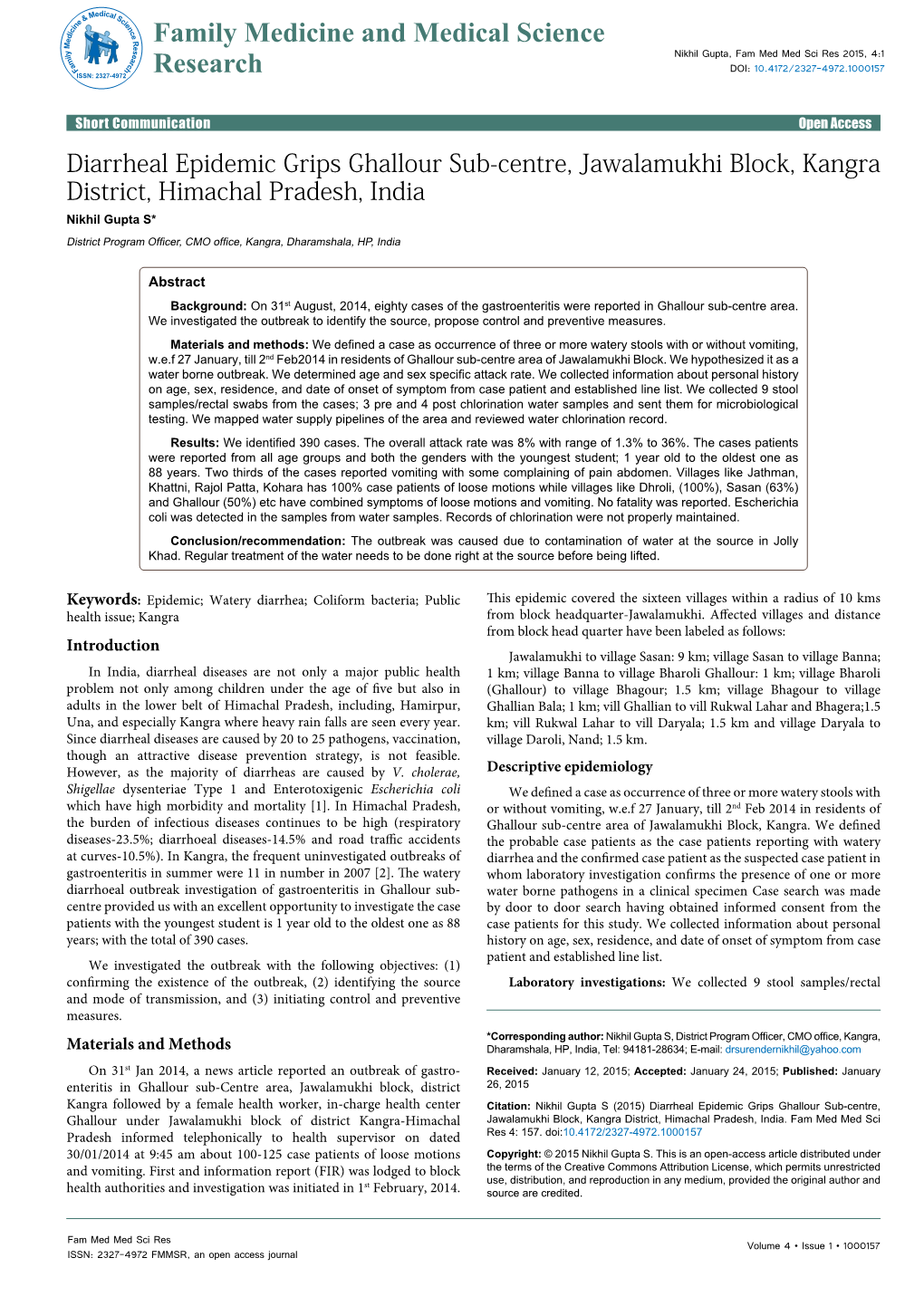 Diarrheal Epidemic Grips Ghallour Sub-Centre, Jawalamukhi Block, Kangra District, Himachal Pradesh, India