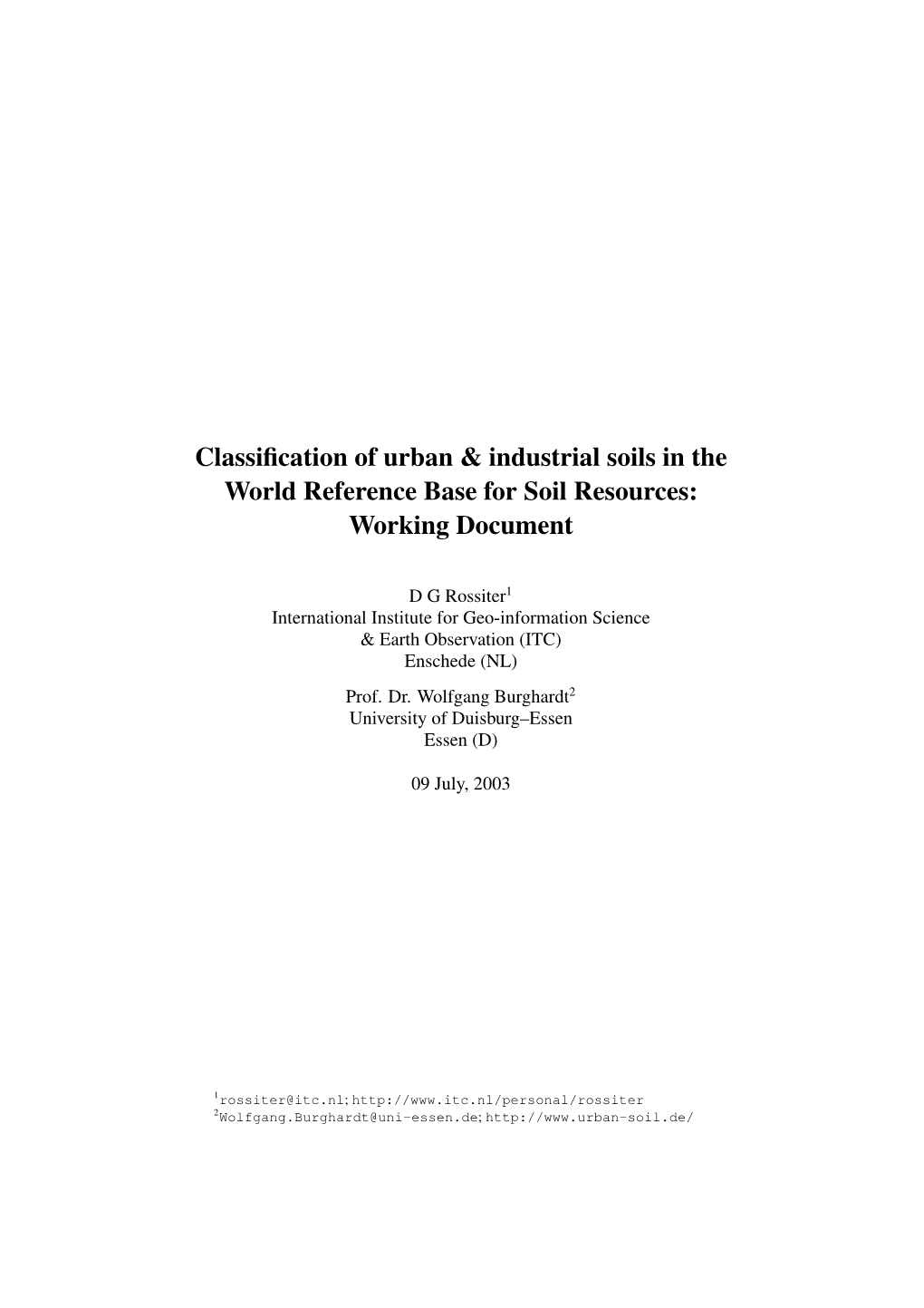 Classification of Urban & Industrial Soils in the World Reference Base