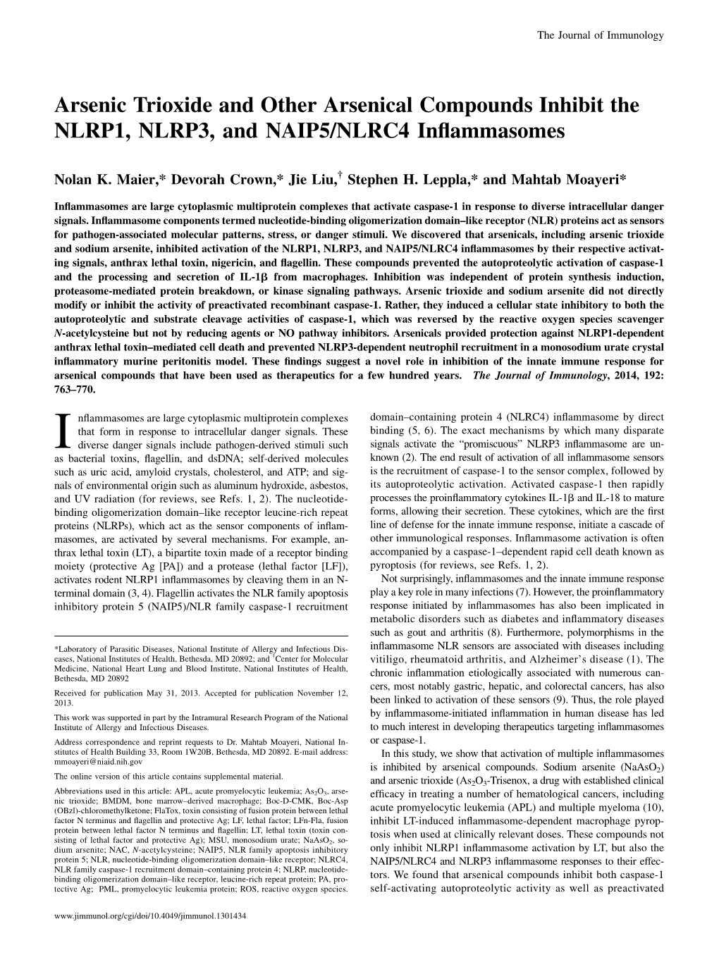 NAIP5/NLRC4 Inflammasomes Compounds Inhibit the NLRP1, NLRP3, and Arsenic Trioxide and Other Arsenical