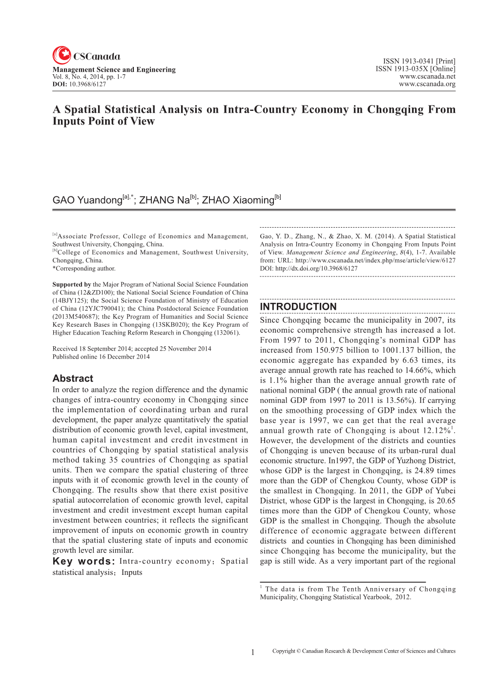 A Spatial Statistical Analysis on Intra-Country Economy in Chongqing from Inputs Point of View