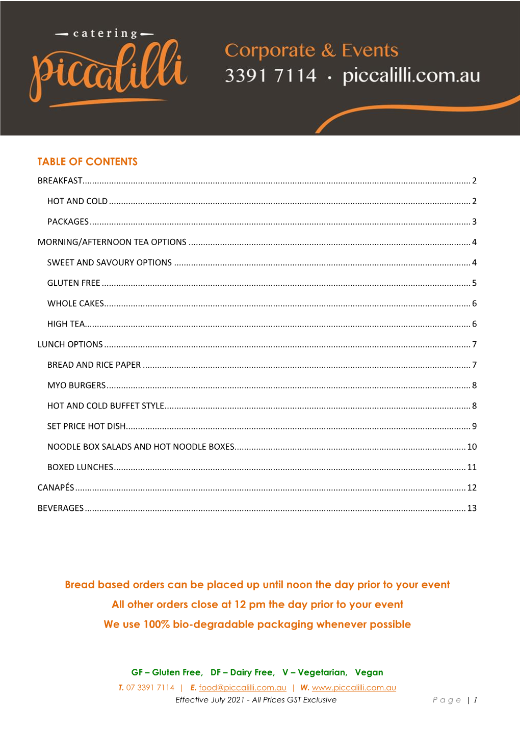 Table of Contents Breakfast