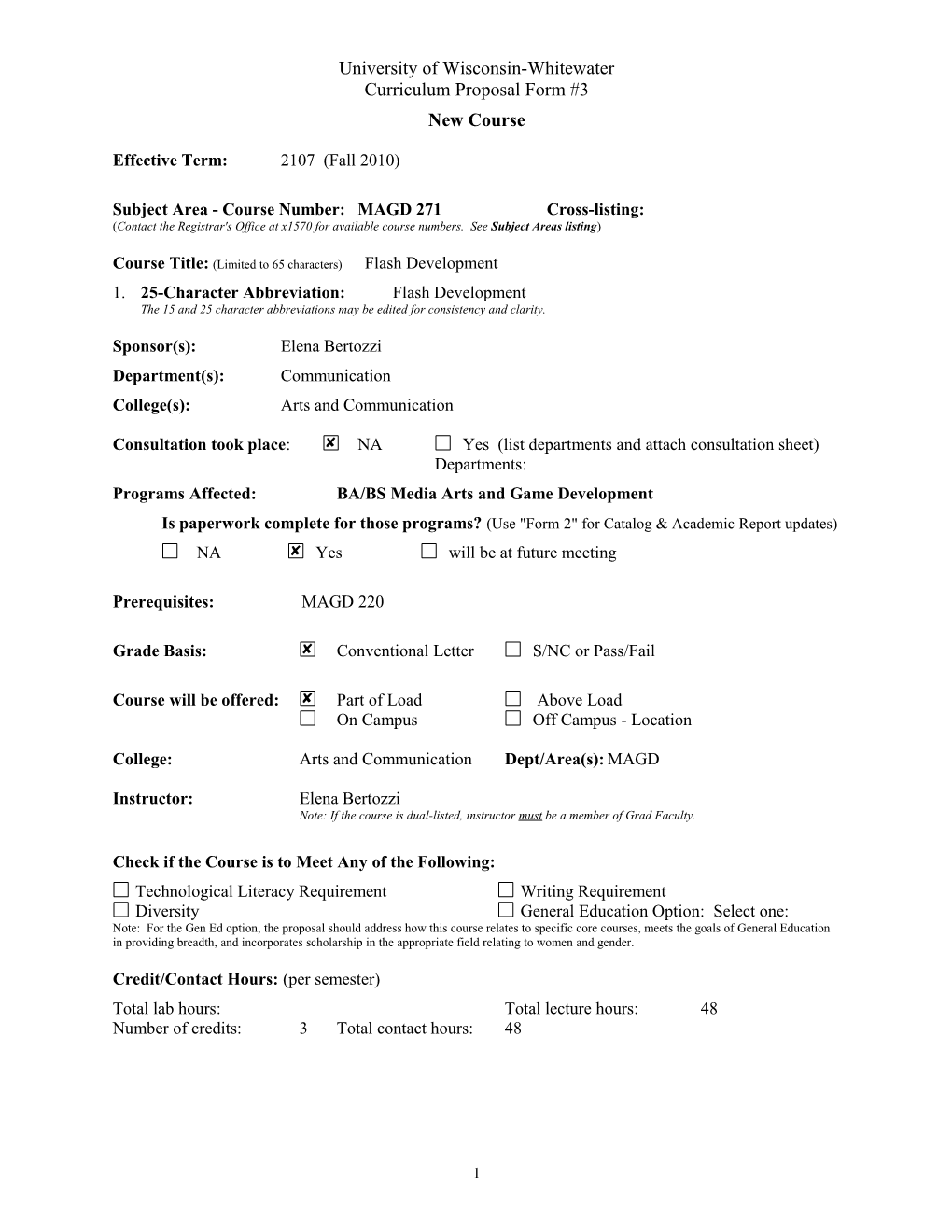 Subject Area - Course Number: MAGD 271 Cross-Listing