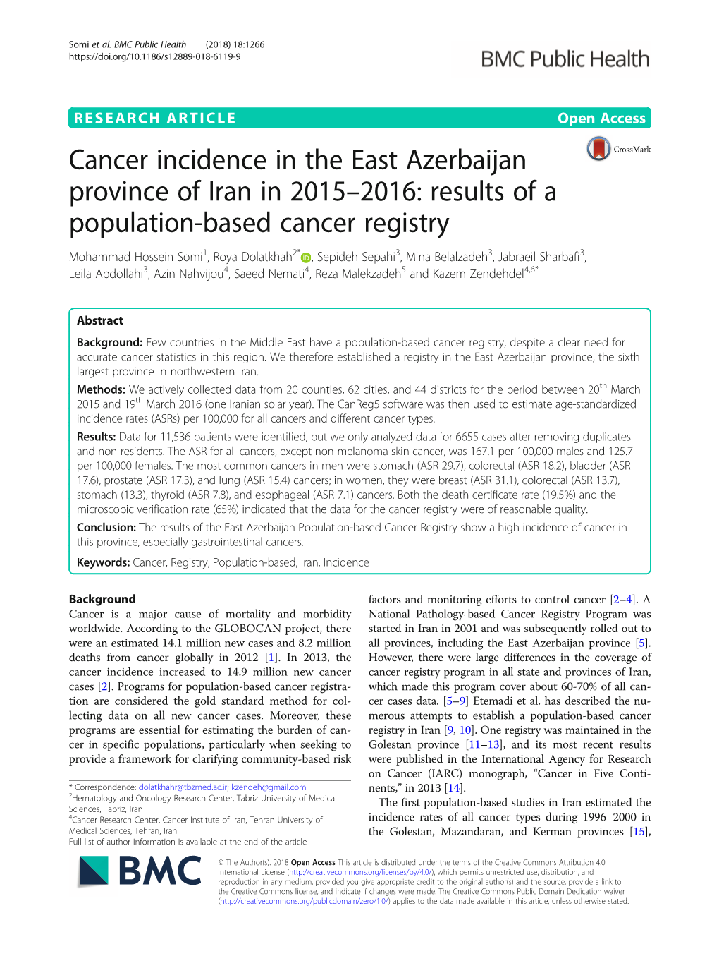 Cancer Incidence in the East Azerbaijan Province of Iran in 2015