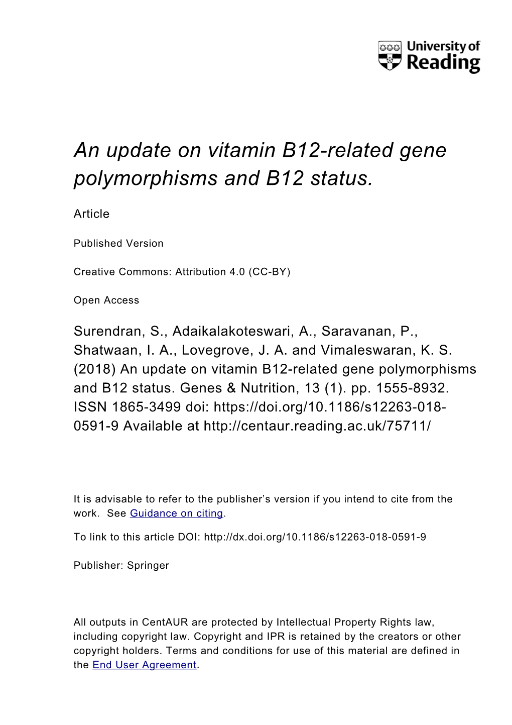 An Update on Vitamin B12-Related Gene Polymorphisms and B12 Status