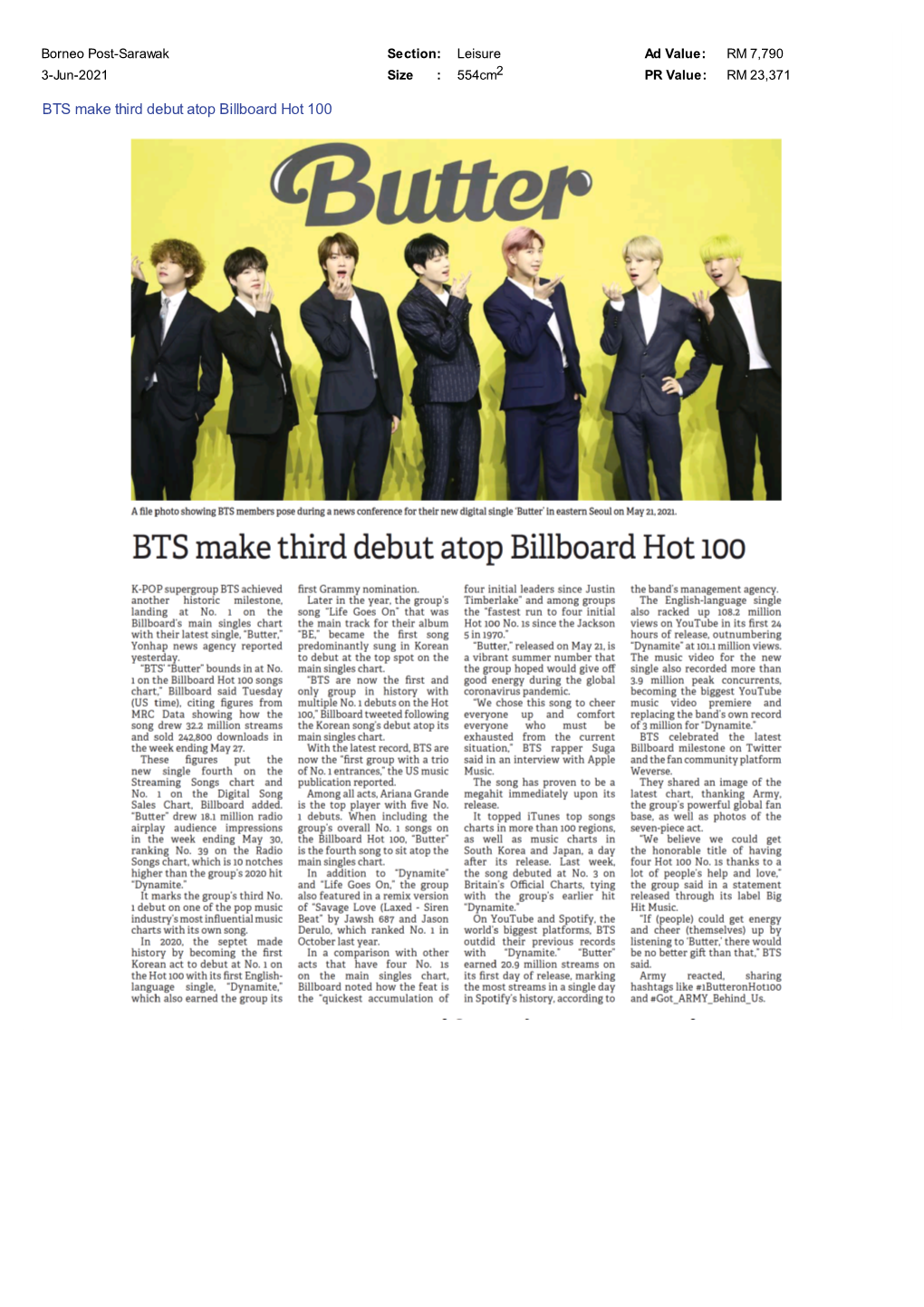 Borneo Post-Sarawak BTS Make Third Debut Atop Billboard Hot