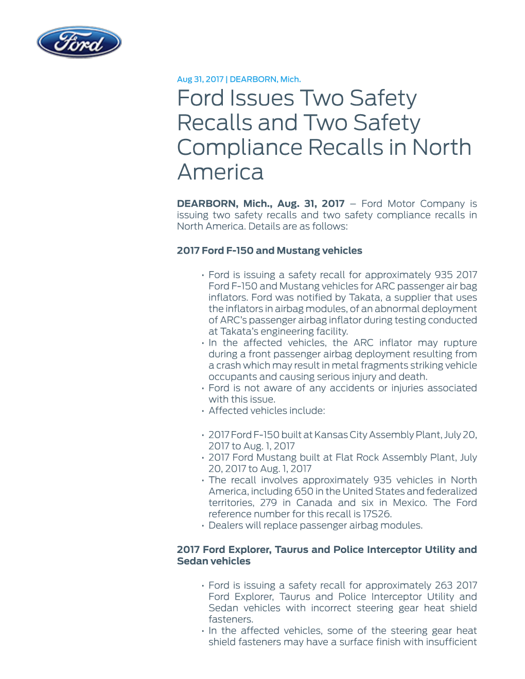 Ford Issues Two Safety Recalls and Two Safety Compliance Recalls in North America