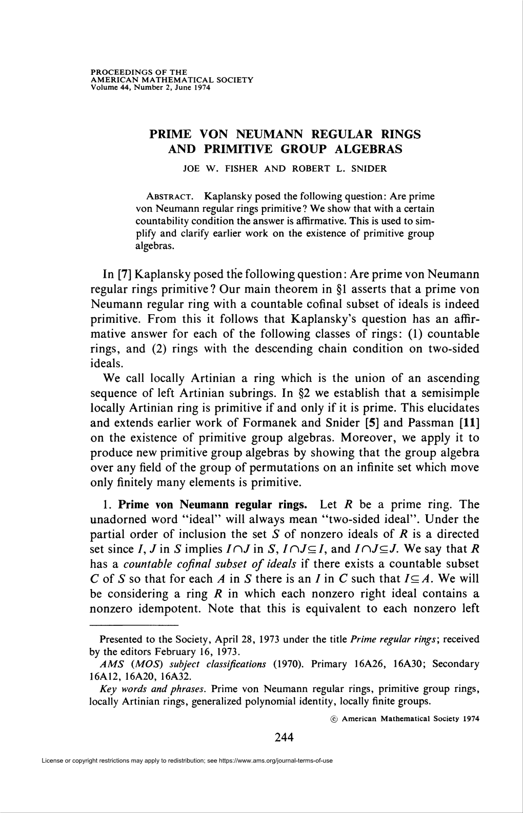 Prime Von Neumann Regular Rings and Primitive Group Algebras Joe W