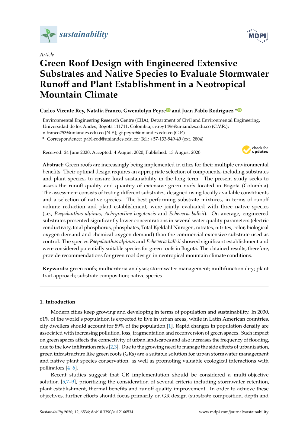 Green Roof Design with Engineered Extensive Substrates and Native Species to Evaluate Stormwater Runoﬀ and Plant Establishment in a Neotropical Mountain Climate