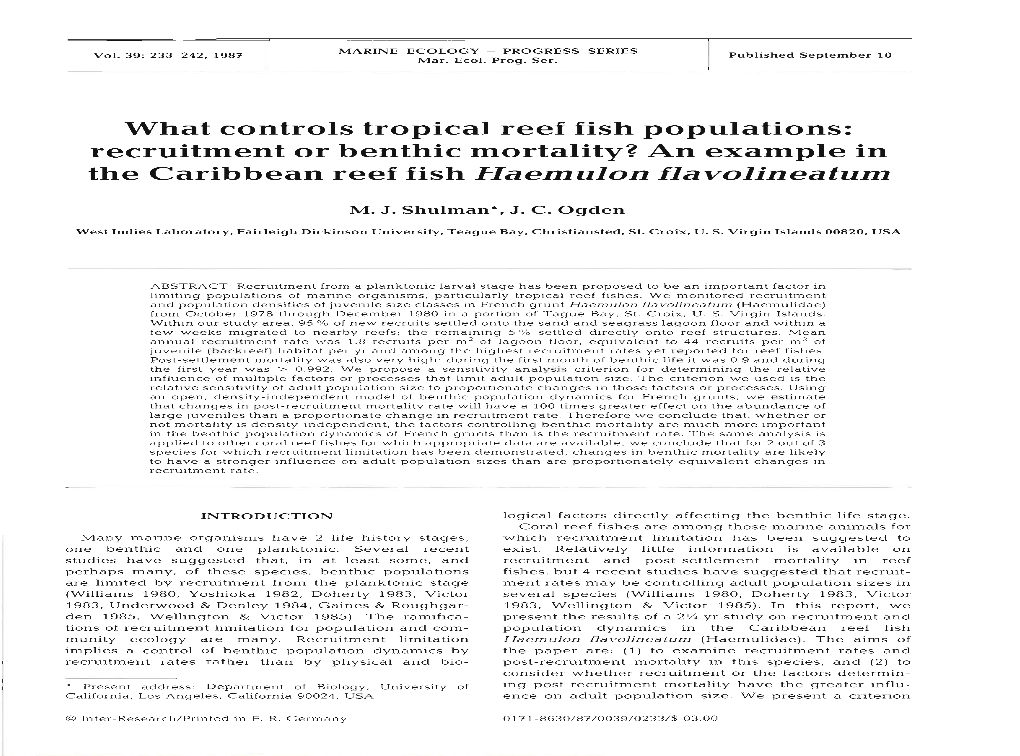 What Controls Tropical Reef Fish Populations: Recruitment Or Benthic Mortality? an Example in the Caribbean Reef Fish Haemulon Flavolineatum