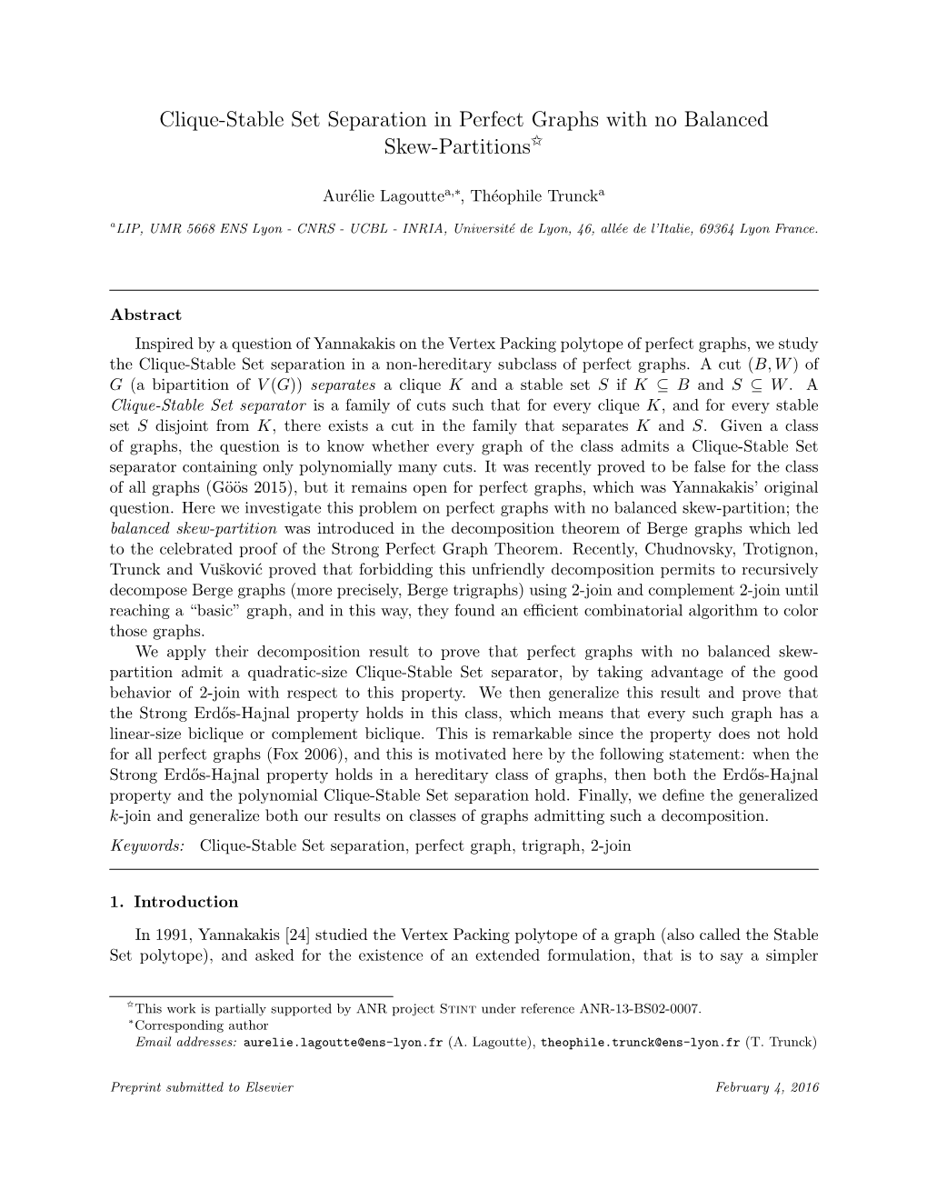 Clique Stable Separation in Perfect Graphs with No Balanced Skew Partition