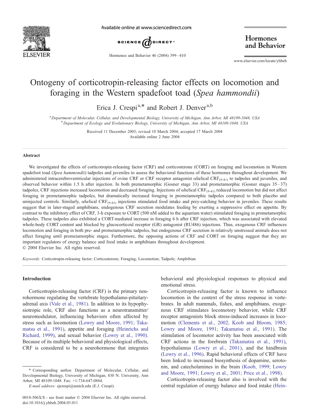 Ontogeny of Corticotropin-Releasing Factor Effects on Locomotion and Foraging in the Western Spadefoot Toad (Spea Hammondii)