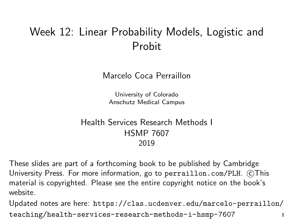 Week 12: Linear Probability Models, Logistic and Probit