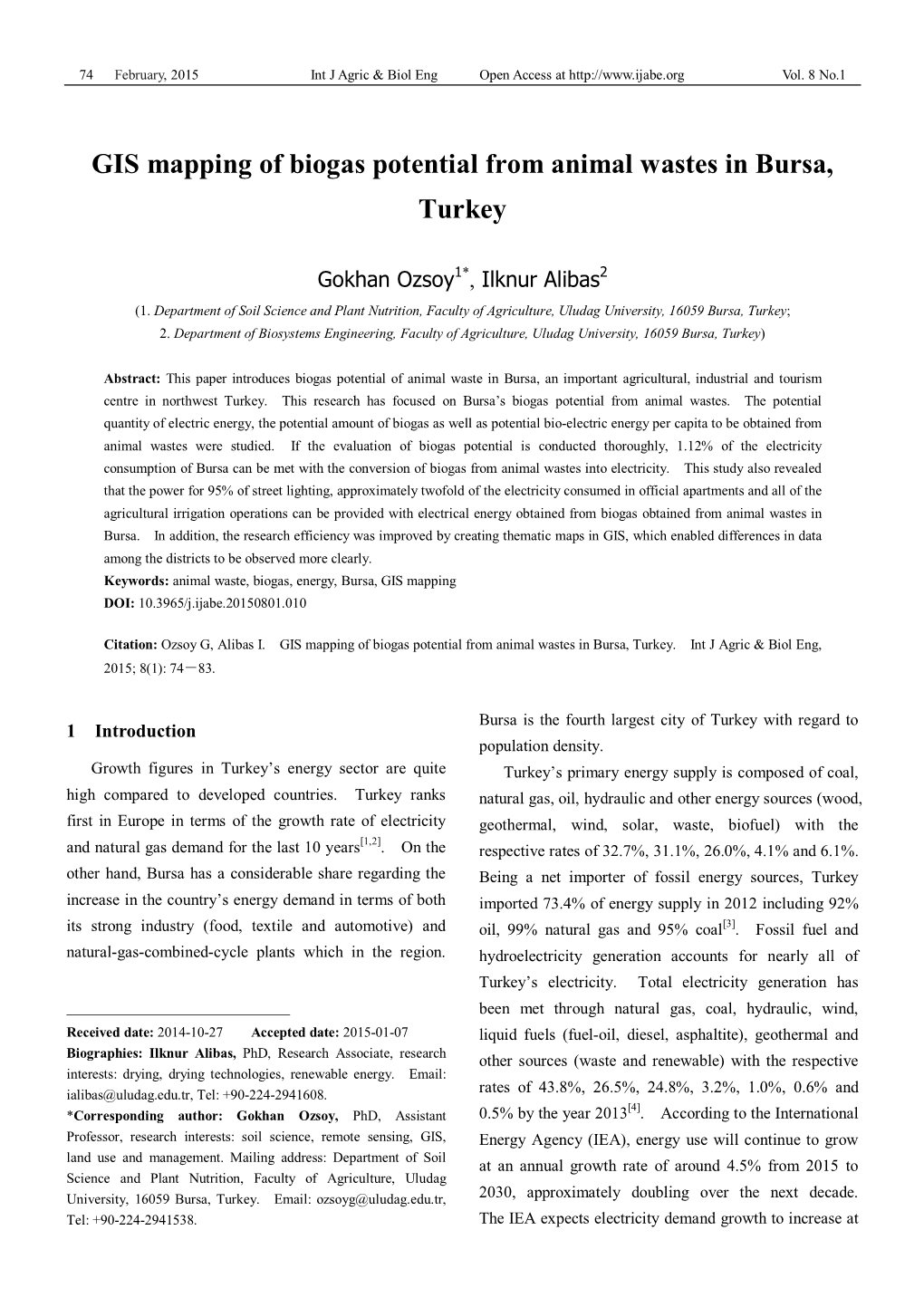 GIS Mapping of Biogas Potential from Animal Wastes in Bursa, Turkey