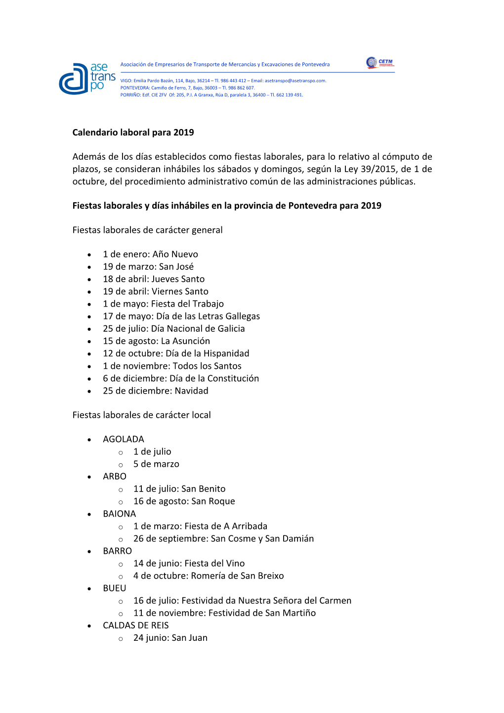 Calendario Laboral Provincia Pontevedra 2019