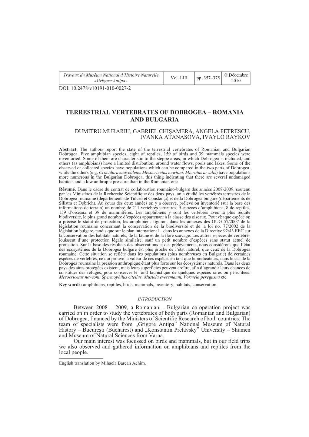 Terrestrial Vertebrates of Dobrogea – Romania and Bulgaria