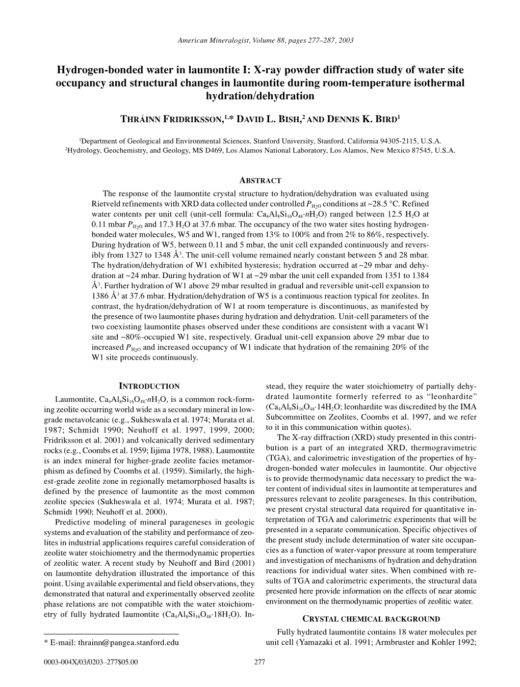 Hydrogen-Bonded Water in Laumontite I: X-Ray Powder Diffraction Study Of