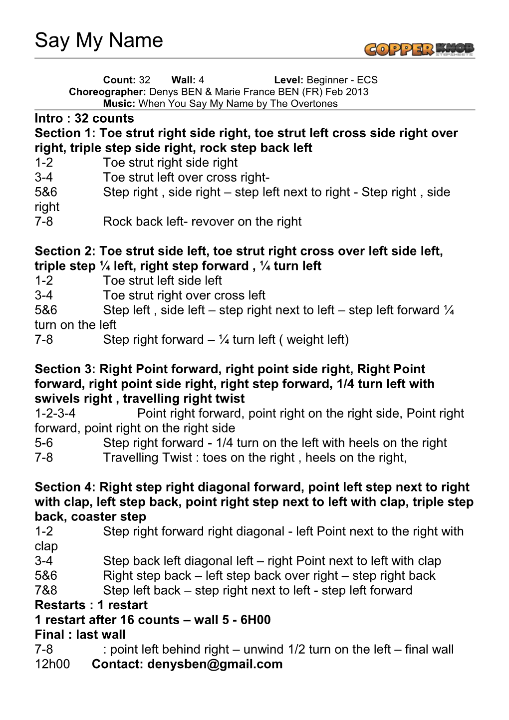 Copperknob - Linedance Stepsheets - Say My Name