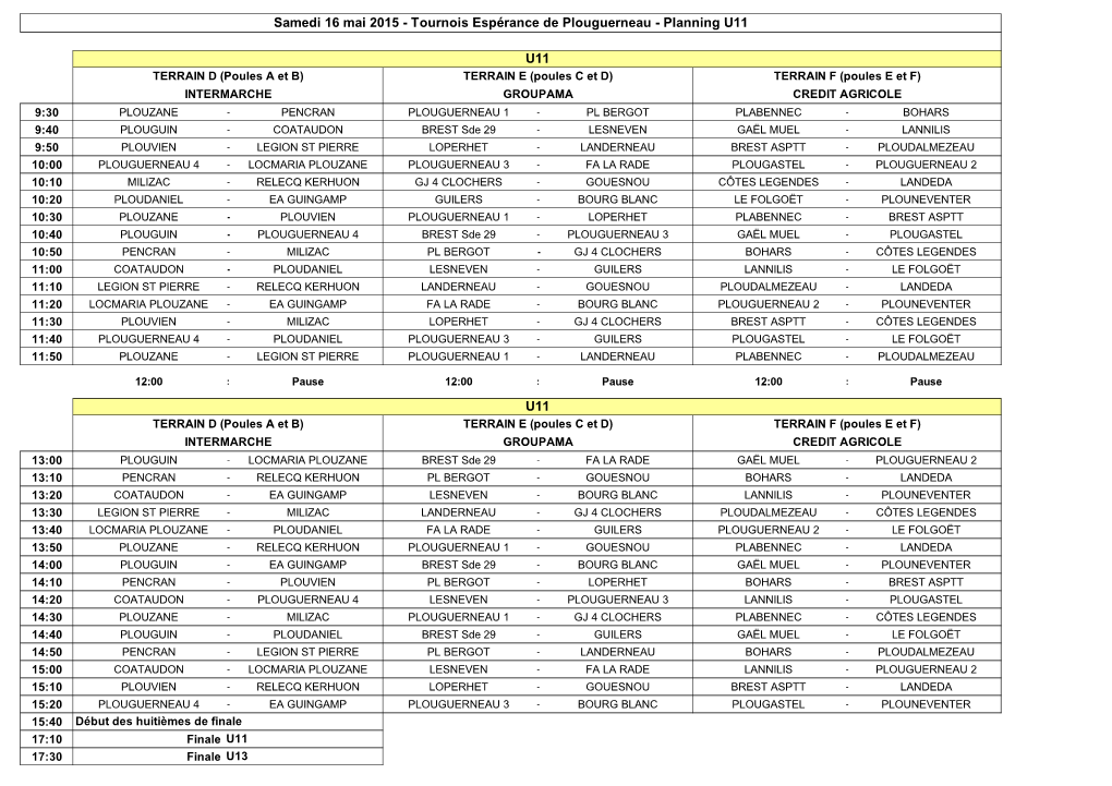 Tournois Espérance De Plouguerneau - Planning U11