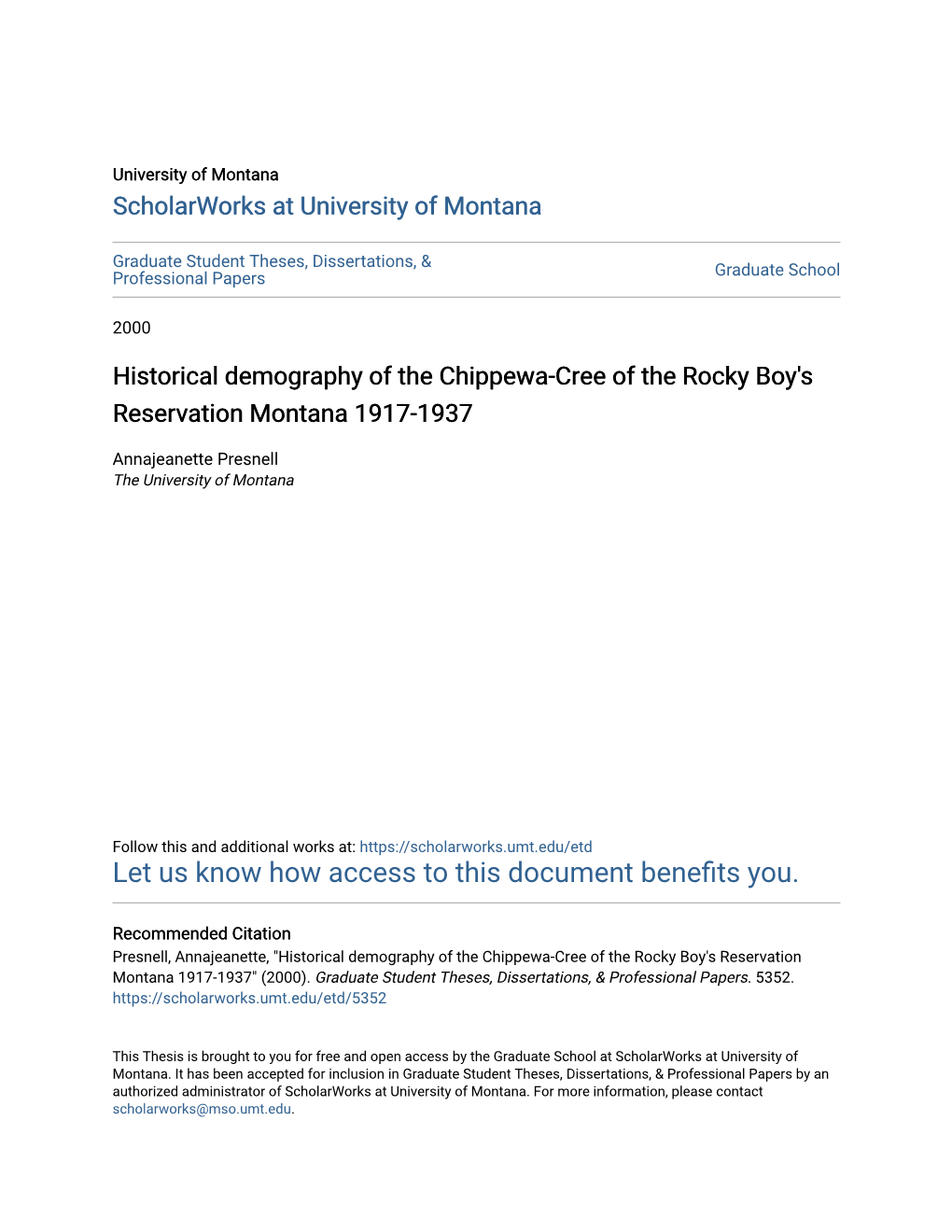 Historical Demography of the Chippewa-Cree of the Rocky Boy's Reservation Montana 1917-1937