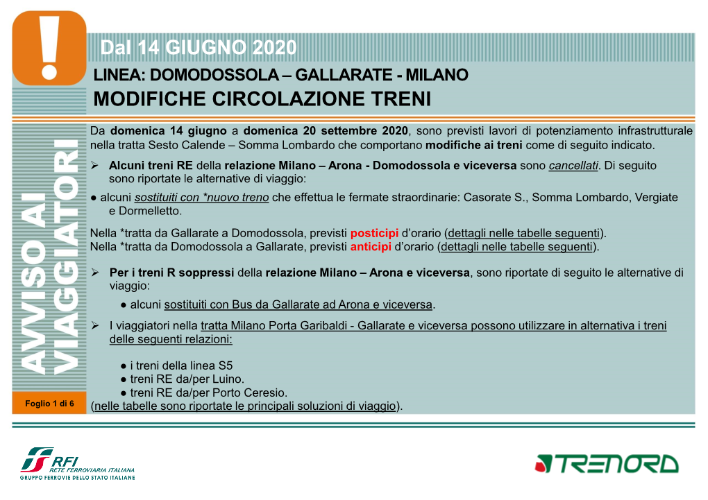 Domodossola – Gallarate - Milano Modifiche Circolazione Treni