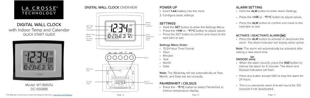 DIGITAL WALL CLOCK with Indoor Temp and Calendar