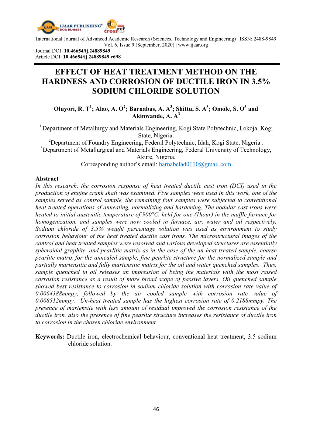 Effect of Heat Treatment Method on the Hardness and Corrosion of Ductile Iron in 3.5% Sodium Chloride Solution