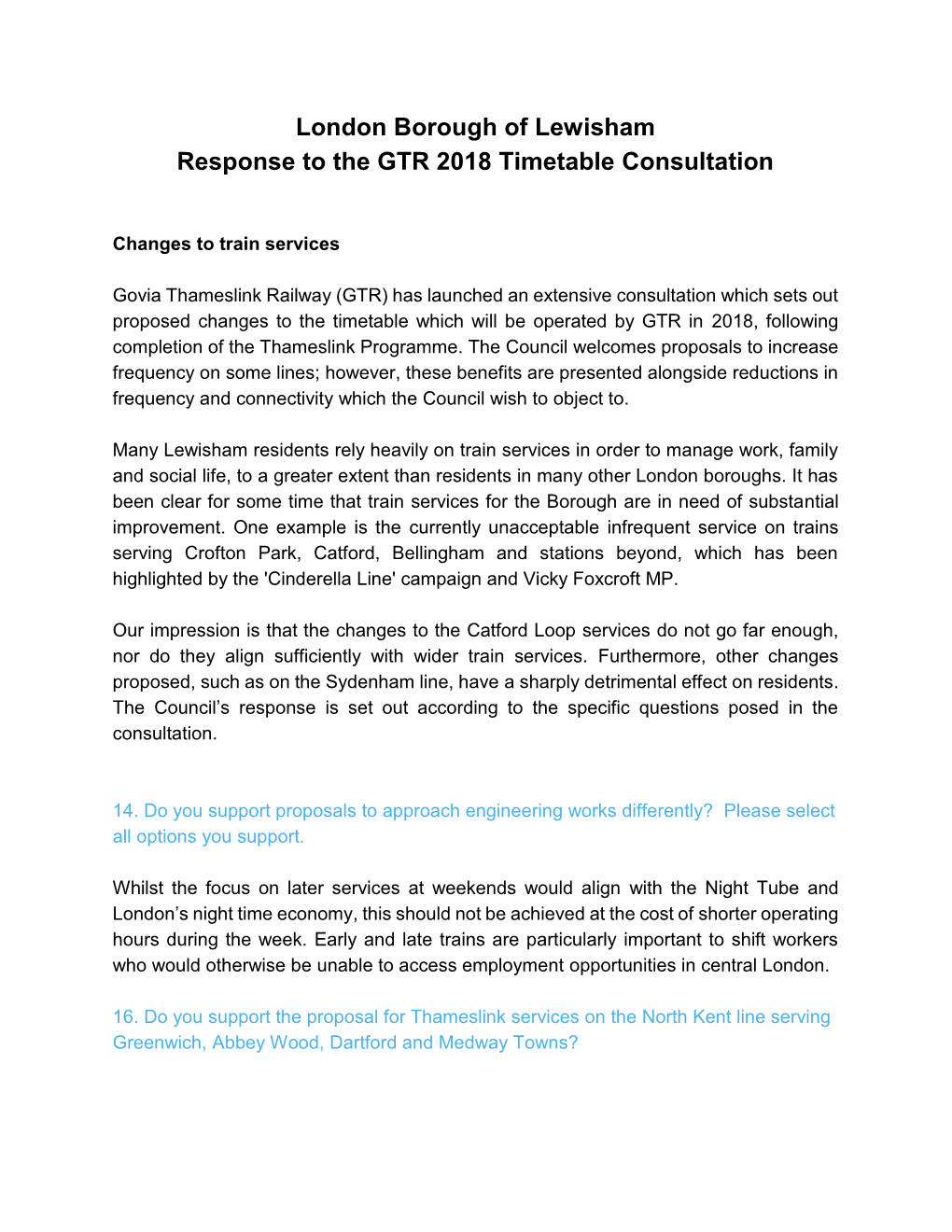 London Borough of Lewisham Response to the GTR 2018 Timetable Consultation