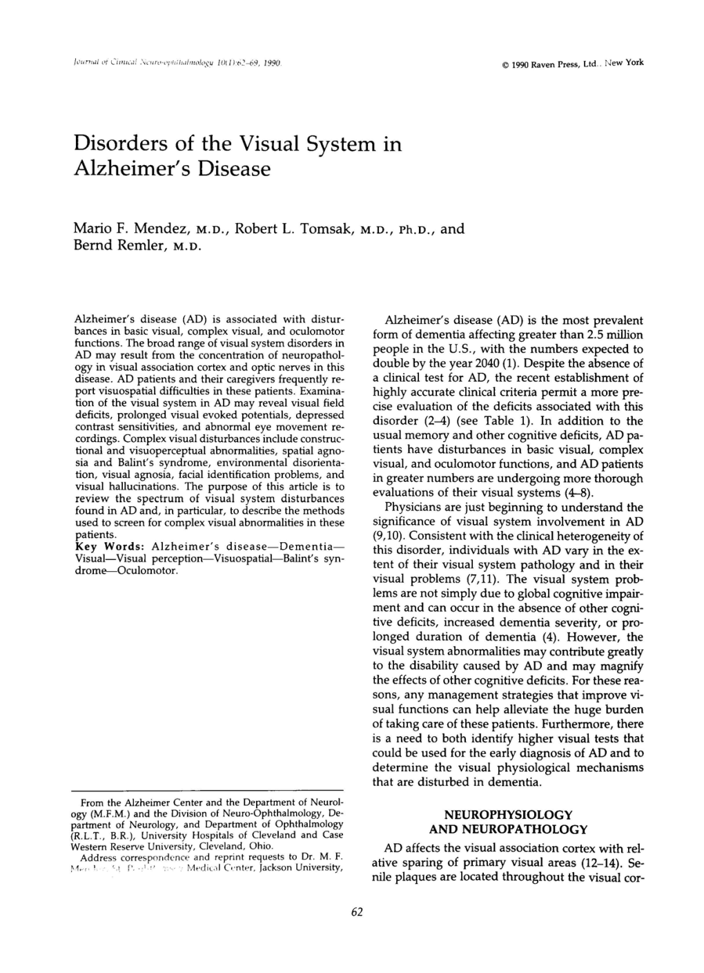 Disorders of the Visual System in Alzheimer's Disease