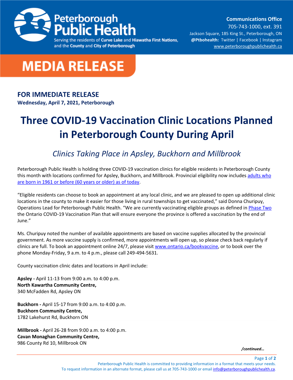 Three COVID-19 Vaccination Clinic Locations Planned in Peterborough County During April