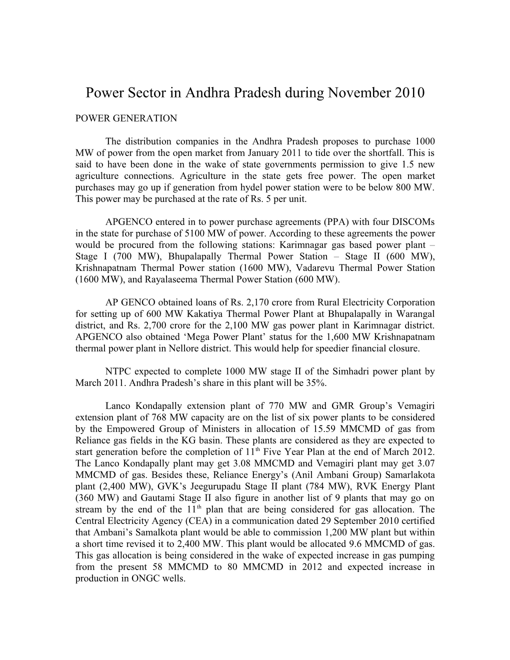 Power Sector in Andhra Pradesh During November 2010