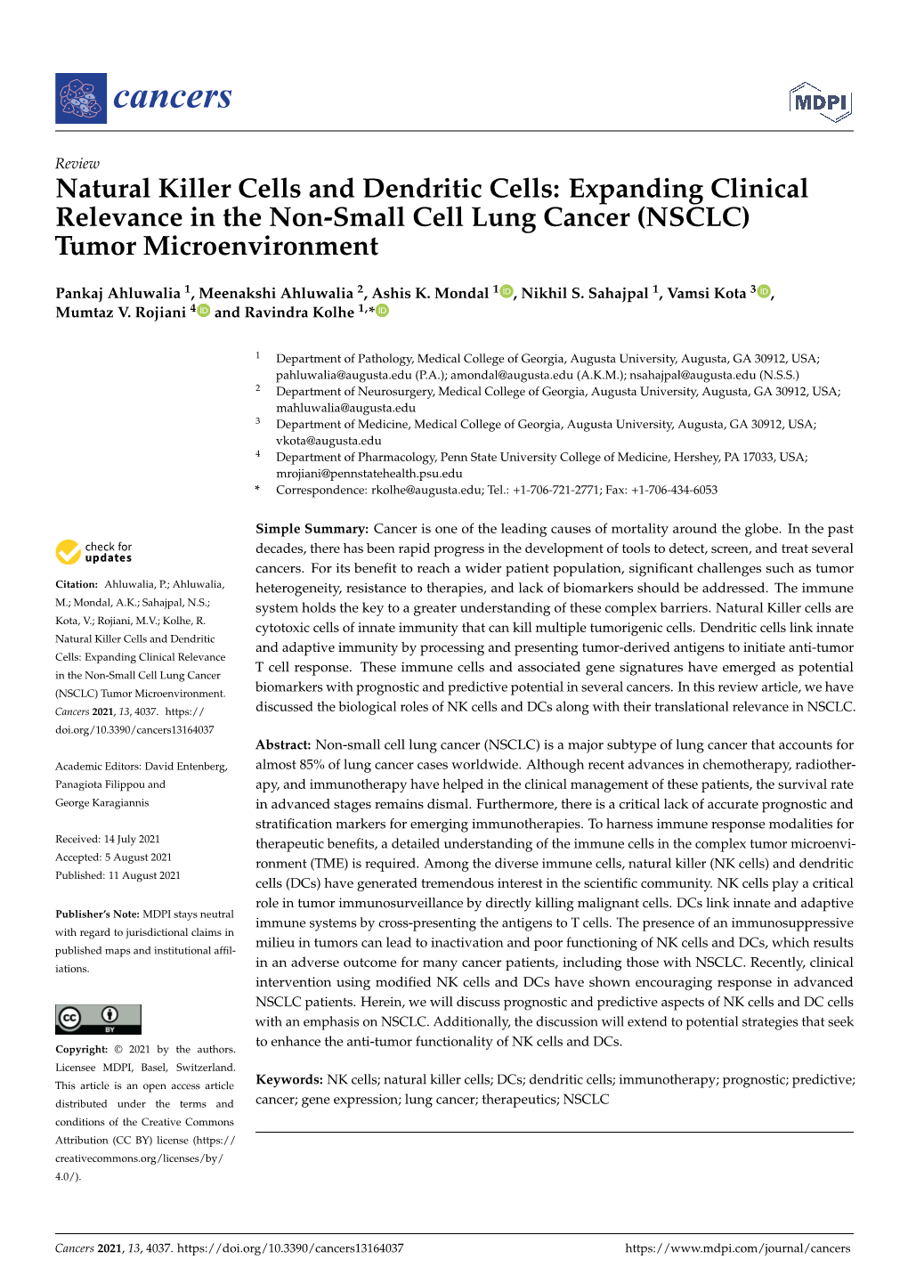 Natural Killer Cells and Dendritic Cells: Expanding Clinical Relevance in the Non-Small Cell Lung Cancer (NSCLC) Tumor Microenvironment