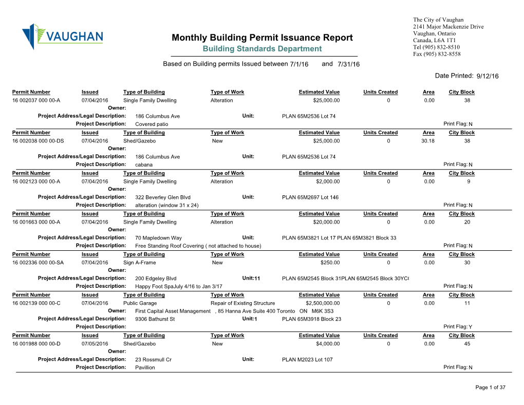 July 2016 Monthly Building Permit Issuance Report