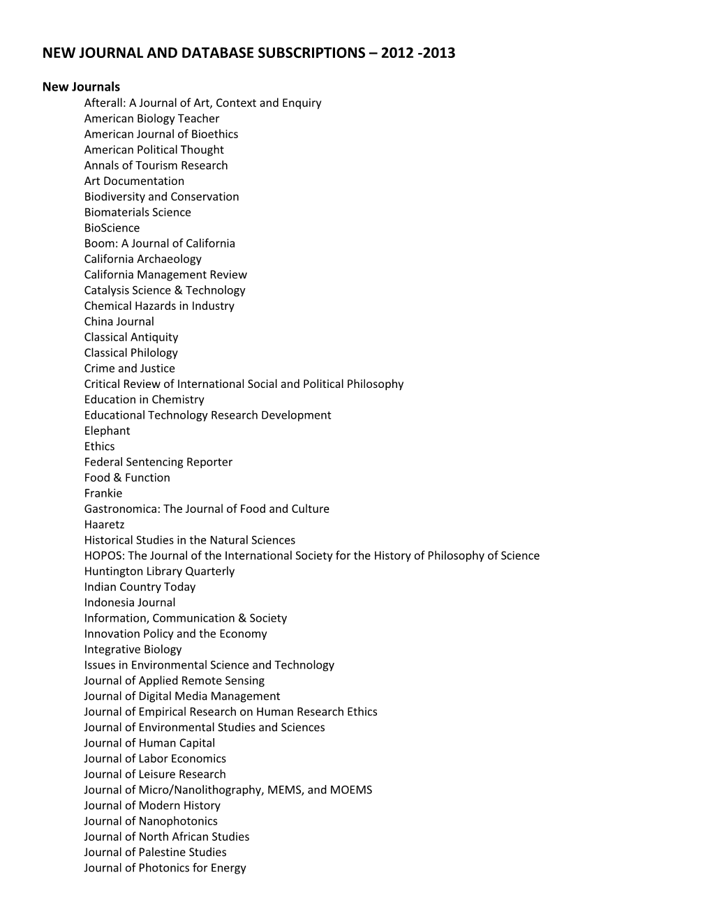 New Journal and Database Subscriptions – 2012 -2013