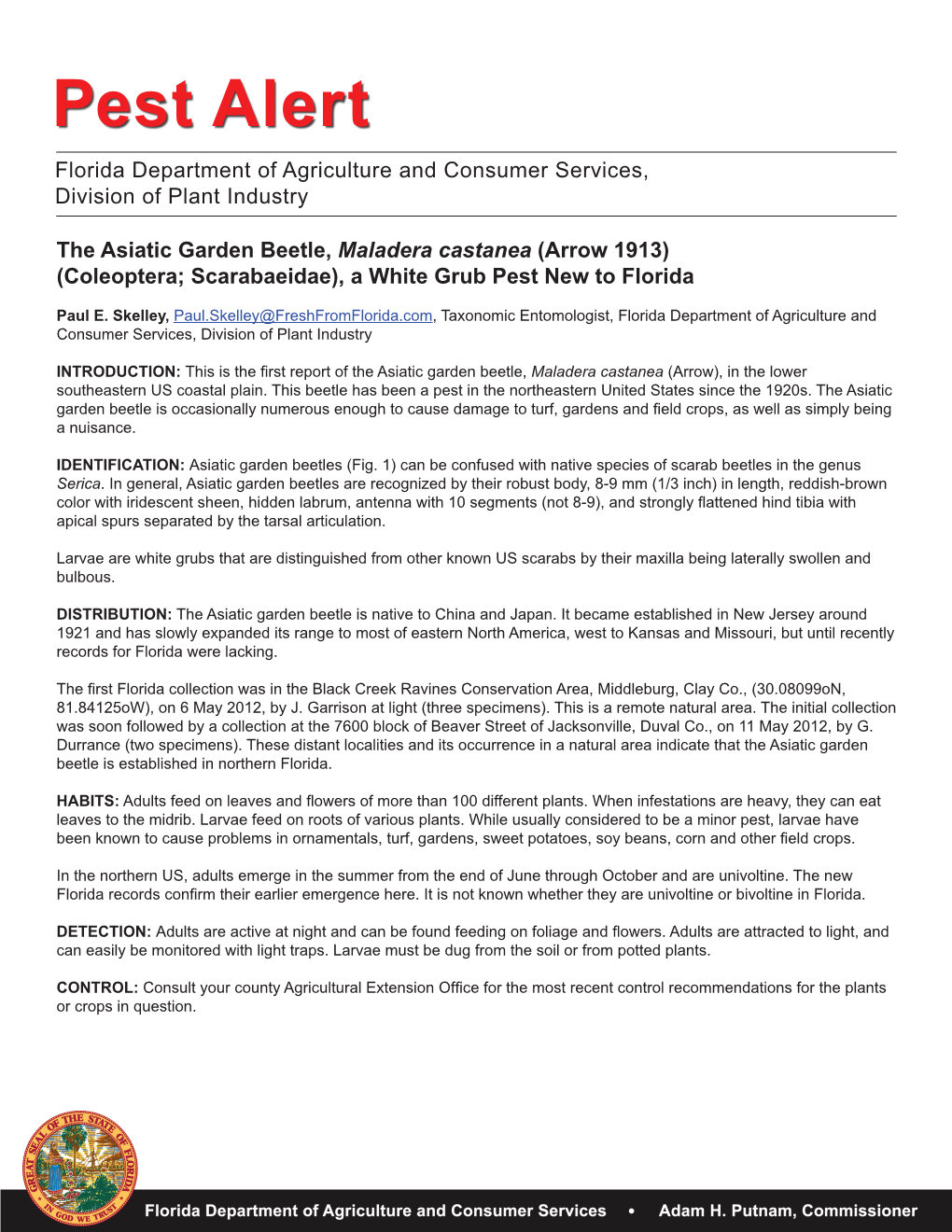 Pest Alert Florida Department of Agriculture and Consumer Services, Division of Plant Industry
