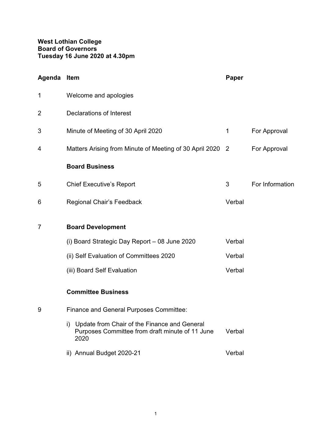 West Lothian College Board of Governors Tuesday 16 June 2020 at 4.30Pm