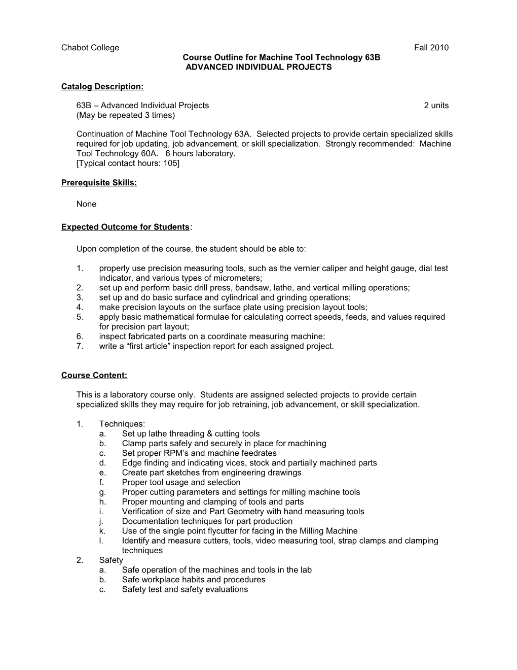 Course Outline for Machine Tool Technology 63B, Page 2