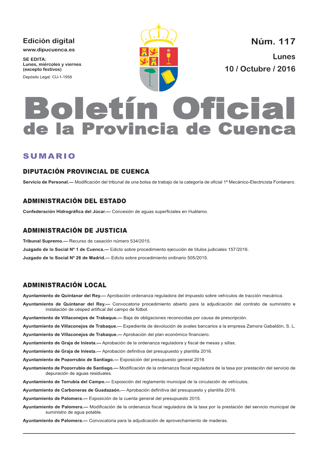 Boletín Oficial De La Provincia De Cuenca Sumario Diputación Provincial De Cuenca